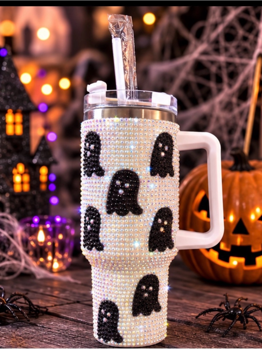 40 oz Stainless Steel Black Ghost Bling Halloween Tumbler